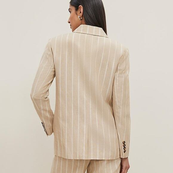 Ann Taylor Pinstriped Double Breasted Tan Linen Blend Blazer Lined NWT - Picture 2 of 11